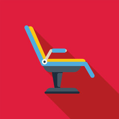 Poster - Yellow and blue barber chair leaning back with a long shadow on a red background