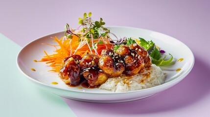 Wall Mural - Teriyaki Chicken with Rice, Broccoli, and Carrot Slaw on a White Plate