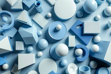 Fototapete - geometric shapes in slate blue, steel blue, and powder blue colors, with a white background, 3d rend