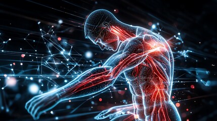 Abstract digital human anatomy illustration with glowing muscle and nervous system.