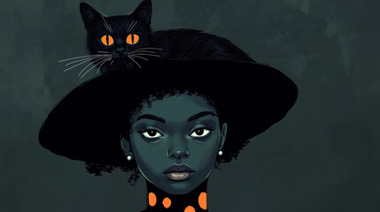 illustration of a black woman with a cat on her head wearing a wide-brimmed hat in a stylized portra