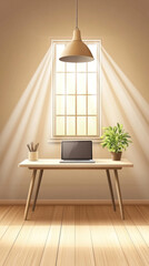 Poster - A desk with a laptop and a potted plant in front of a window. The room is bright and airy, with sunlight streaming in through the window. The desk is set up for work or study, with the laptop