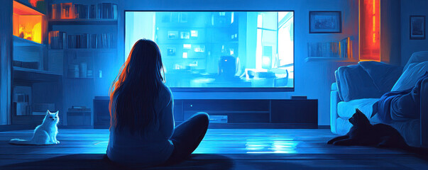 Poster - A woman is sitting on the floor in front of a television. A cat is sitting on the floor next to her
