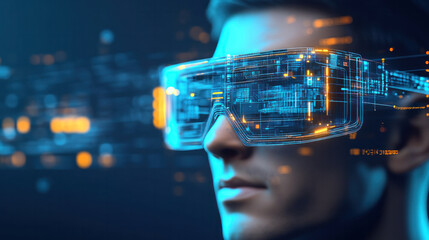 Poster - A man is wearing a pair of virtual reality goggles. The goggles are blue and orange, and they are designed to simulate a 3D environment. The man is looking through the goggles