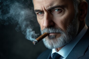 Canvas Print - Suit, luxury and man smell cigars for smoking habit on gray background for mafia, power and success mockup. with generative ai