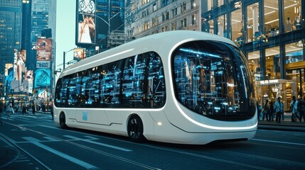 Futuristic Autonomous Bus on City Street with Digital Display