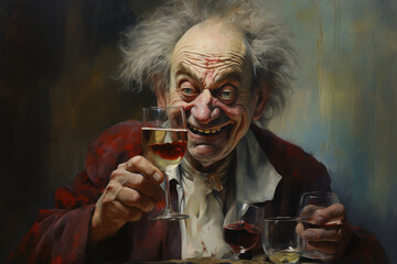 An old man with clown makeup drinking a glass of wine, grotesque caricatures