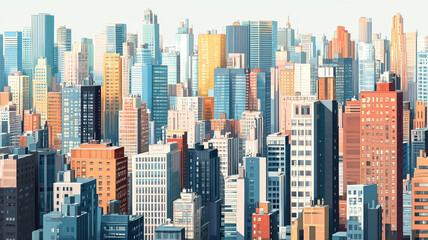  A vibrant city skyline filled with colorful skyscrapers during a clear day in a bustling urban environment