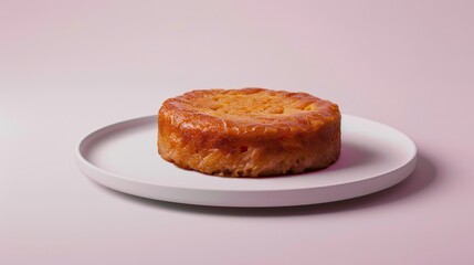 A Single Round Cake on a White Plate with a Pink Background