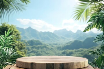 Wall Mural - Surreal wood podium with tropical forest plant blur blue sky montains landscape nature background.Product present natural placement pedestal minimal display, with generative ai