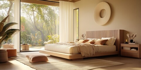 cozy bedroom, natural light, modern design, minimalist decor, warm tones, wooden furniture, comfortable bed, large windows, soft textiles, decorative elements, peaceful ambiance, beige color scheme