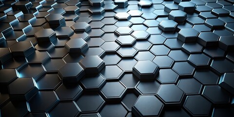 Wall Mural - Black hexagonal technological background with varying heights under top lighting , technology, rendering, abstract