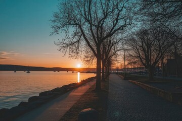 Wall Mural - Cobblestone Path by a Lake at Sunset with Silhouetted Trees