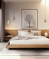 Wall Mural - modern bedroom, minimalist design, wooden bed frame, cozy bedding, soft neutral tones, natural light, elegant pendant lights, framed tree artwork, stylish side tables, serene atmosphere, contemporary 