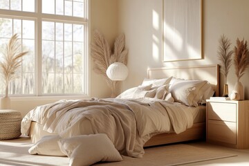 cozy bedroom, natural light, modern design, minimalist decor, warm tones, wooden furniture, comfortable bed, large windows, soft textiles, decorative elements, peaceful ambiance, beige color scheme