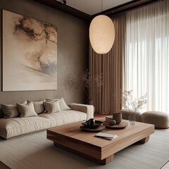 modern minimalist living room, neutral tones, wooden coffee table, cozy sofa with cushions, large hanging pendant lights, artistic wall decor, natural light, soft curtains, elegant interior design