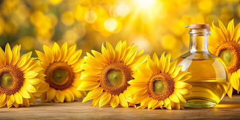 Sticker - Close-up of bright yellow sunflowers with golden sunflower oil in background, sunflowers, sunflower oil, yellow, bright