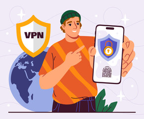 Poster - man with vpn. young guy with smartphone near planet and globe. protection of personal data and infor