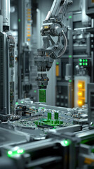 Poster - A robot is working on a green computer chip. The robot is surrounded by many other robots and machines. The scene is futuristic and industrial
