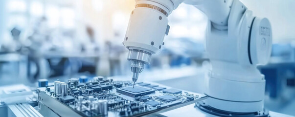 Poster - A robot is working on a circuit board. The robot is white and has a blue and silver color scheme