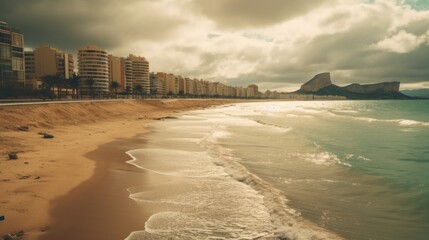 Beach in Alicante, Spain. Valencia region. Cloudy day in autumn AI generated