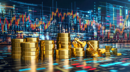 Poster - A pile of gold coins is displayed on a table with a city skyline in the background. The coins are arranged in a way that they look like they are stacked on top of each other
