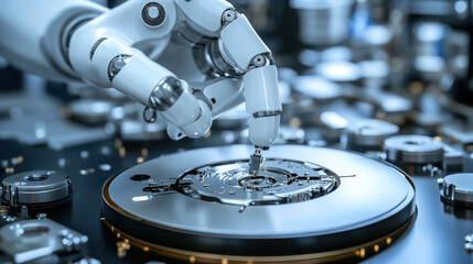 Poster - A robot is touching a disk with a white hand. The robot is made of metal and has a mechanical look. The scene is set in a factory or workshop