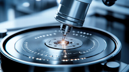 Poster - A microscope is focused on a small object. The object is glowing and he is a piece of machinery