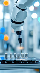 Poster - A robot is working on a piece of machinery. The robot is white and has a black head. The robot is focused on its task and he is working diligently. Concept of precision and efficiency
