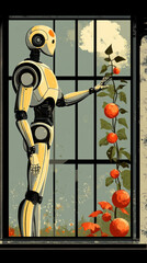 Poster - A robot is holding a plant with a bunch of oranges. The robot is standing in front of a window