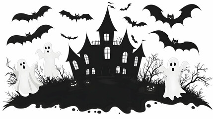 Wall Mural - Spooky Halloween Haunted House with Ghosts and Bats