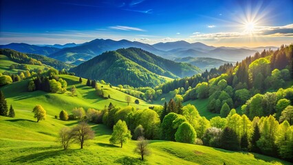 Sticker - Green hills and mountains covered with trees under clear blue sky on a sunny day, green, hills, mountains, trees