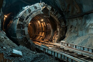 A tunnel boring machine advances through a rocky underground passage, with conveyor belts transporting