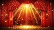 © Ole Studio - Red stage curtain in theatre background illuminated by bright lights with falling gold confetti, stage, curtain, theatre