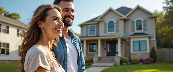 Happy Young Couple Smiling Outside Their New Suburban Home