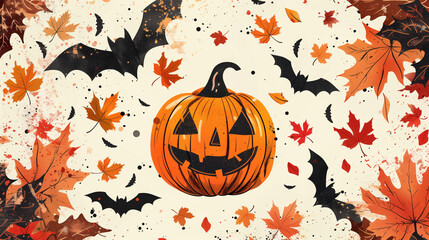 Wall Mural - Seamless Halloween Pattern with Jack-o'-lantern, Bats, and Autumn Leaves