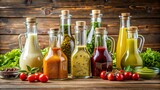 A close-up photo of various bottles of salad dressings and olive oil on a wooden table, bottles