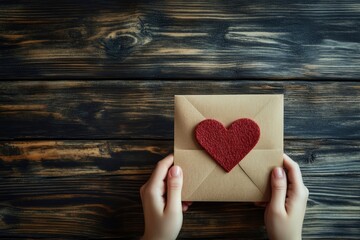 Wall Mural - Woman's hands holding envelope with red heart on wooden background - a romantic gesture for Valentine's Day with generative ai