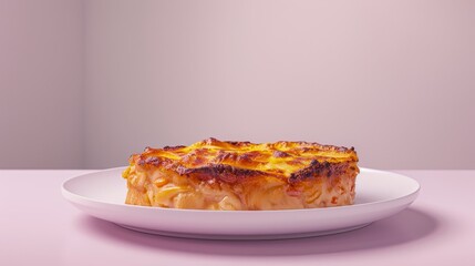 A slice of baked macaroni and cheese casserole on a white plate