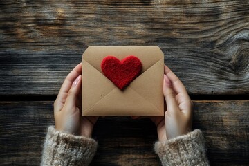 Woman's hands holding envelope with red heart on wooden background - a romantic gesture for Valentine's Day with generative ai