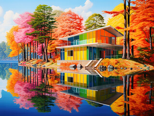 Wall Mural - Picturesque Lakeside Cabin with Tranquil Waters and Forest View