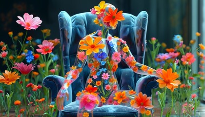 flowers in the garden Watercolor sitting on a chair with a clear glass body, 3d render, colorful flowers 4k in her body, dark background