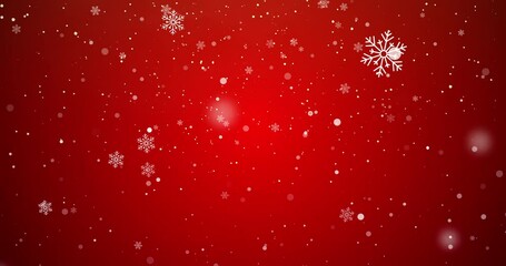 Fototapete - Christmas, particles and snowflakes on red background space for digital card, creativity and festive season. Snow animation, bokeh spots and glitter on wallpaper for texture, sparkle and celebration