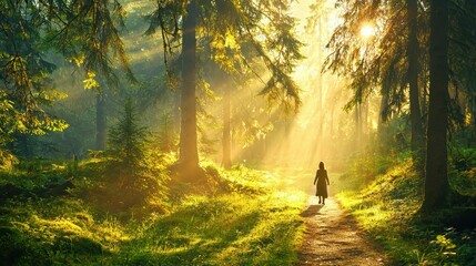 Wall Mural - Woman Walking Towards Light in Forest Path