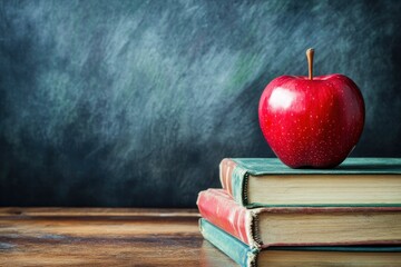 Wooden School Desk With Red Apple On Stack Of Books, Supplies And Blackboard Background with generative ai