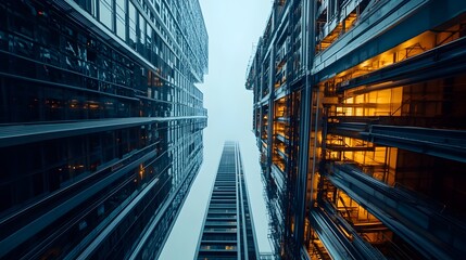 Poster - automated iot enabled machinery installing elevator shafts in a modern skyscraper construction site 