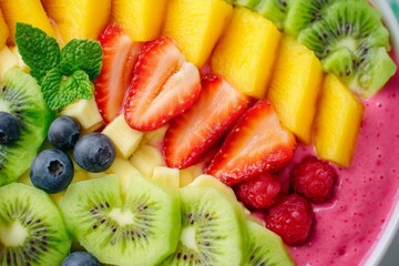 Wall Mural - Close-up of Fresh Fruit Salad with Mango, Kiwi, Strawberry, Raspberry and Blueberry.