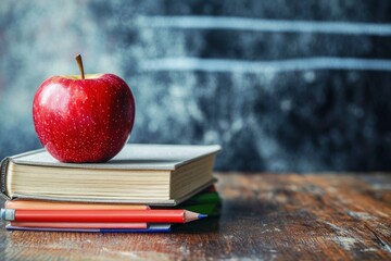 Wooden School Desk With Red Apple On Stack Of Books, Supplies And Blackboard Background with generative ai