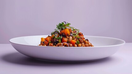 Wall Mural - A white oval plate with a heaping serving of a lentil and vegetable dish, garnished with fresh herbs