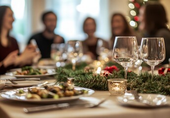 A dining table set for a festive Christmas dinner, with blurred people gathered around, laughing and talking